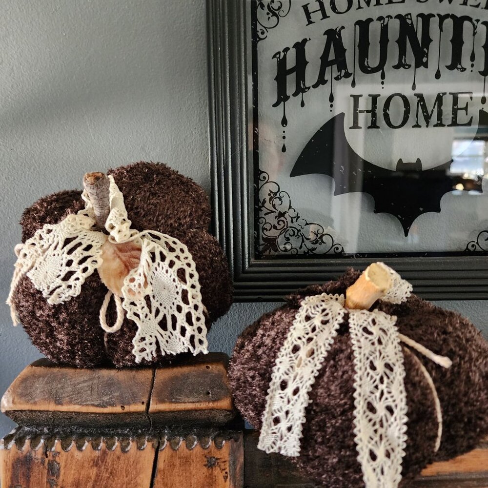Knit Sweater Pumpkin Pillow Pouf, Upcycled Brown Chenille with Vintage Lace - Picture 8 of 9